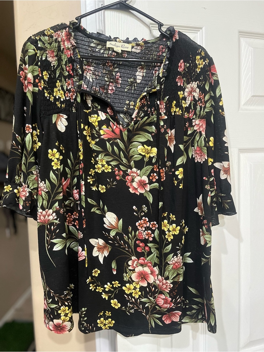 Indigo Rose Black Floral Smocked Neck Blouse